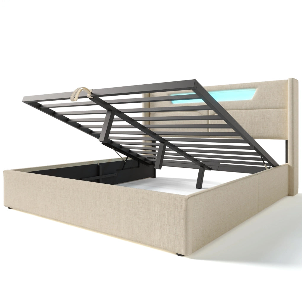 Letto matrimoniale imbottito 140x200 cm con LED; USB e Type-C; beige