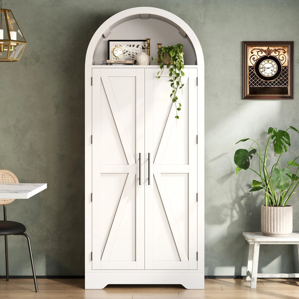 Armadio con vano superiore aperto e ripiani regolabili in MDF bianco con ante decorative a X per soggiorno