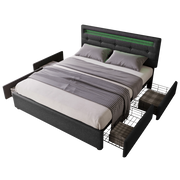 Letto matrimoniale 140 × 200 cm 2 posti con LED, 4 cassetti e testiera regolabile, senza materasso, nero
