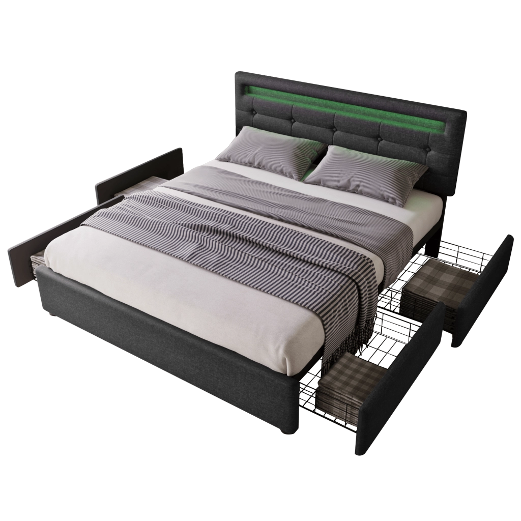 Letto matrimoniale 140 × 200 cm 2 posti con LED, 4 cassetti e testiera regolabile, senza materasso, nero