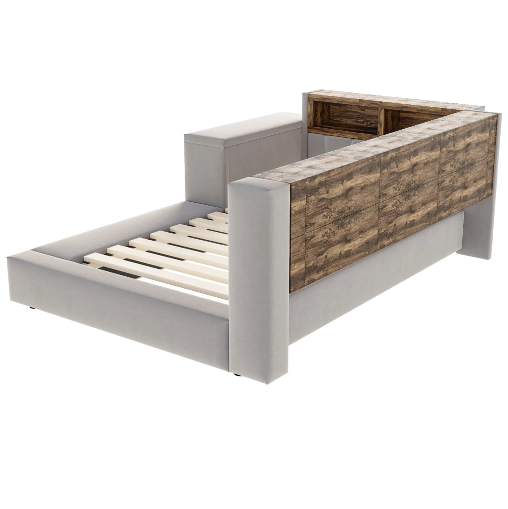 Letto imbottito 90 x 200 cm grigio scuro con LED, prese, vani e tavolino