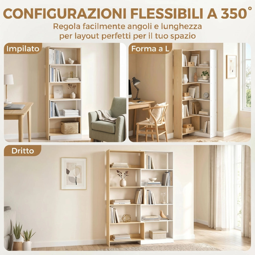 Libreria Girevole A 350 Gradi A 5 Ripiani; Truciolato Melaminato Bicolore Per Casa E Ufficio