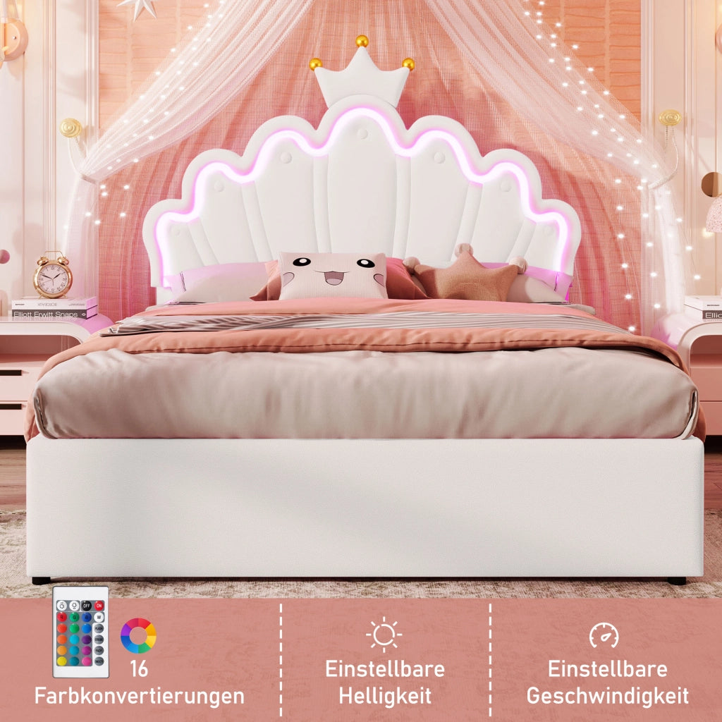 Letto per bambini 140 × 200 cm 2 posti con 2 cassetti; LED e testiera regolabile; senza materasso; in PU bianco