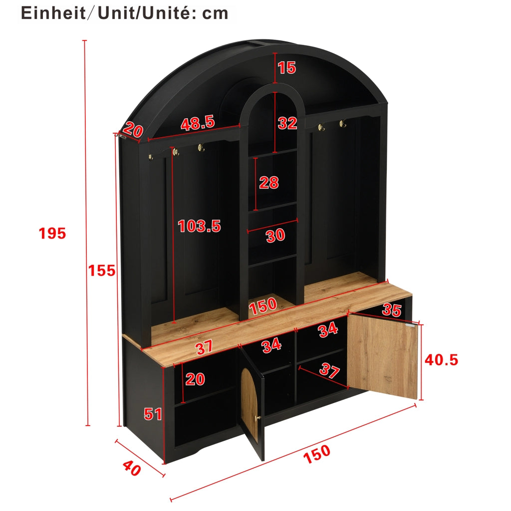 Mobile da ingresso con 2 ante, 3 ripiani aperti e ganci, illuminazione LED per corridoio, in MDF nero, 150 × 40 × 195 cm