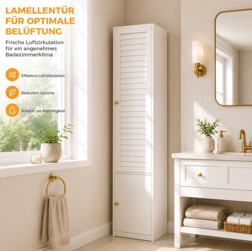 Guardaroba singolo con anta a lamelle, 45x50x200 cm, bianco, con 1 asta appendiabiti e 3 ripiani, design a battente