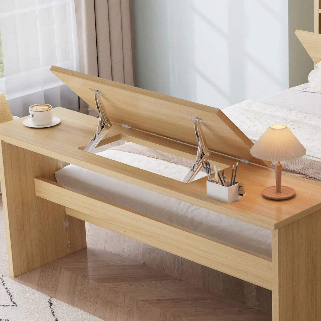 Letto una piazza e mezza 140×200 cm con cassetto; ripiani e tavolo pieghevole regolabile; senza materasso