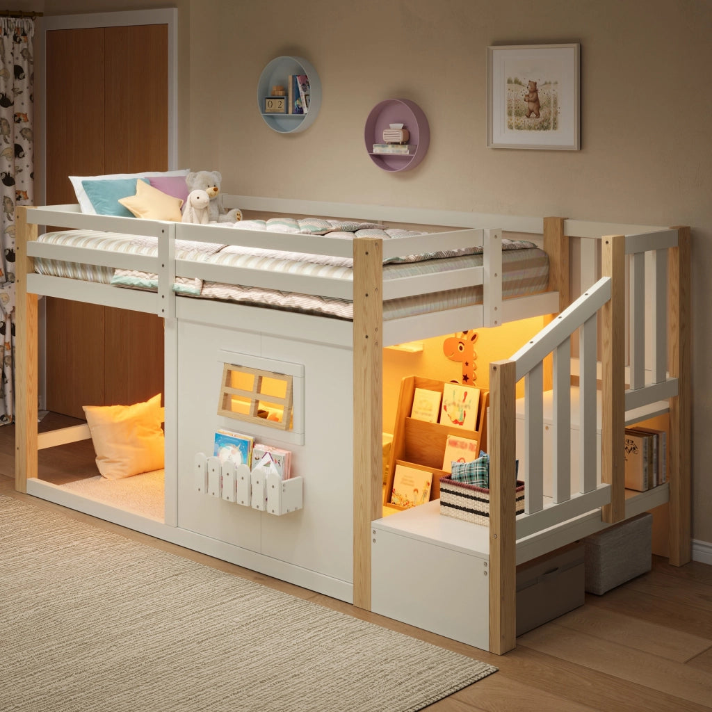 Letto a soppalco 90 × 200 cm con scala contenitore e illuminazione LED in legno di pino e MDF bianco naturale