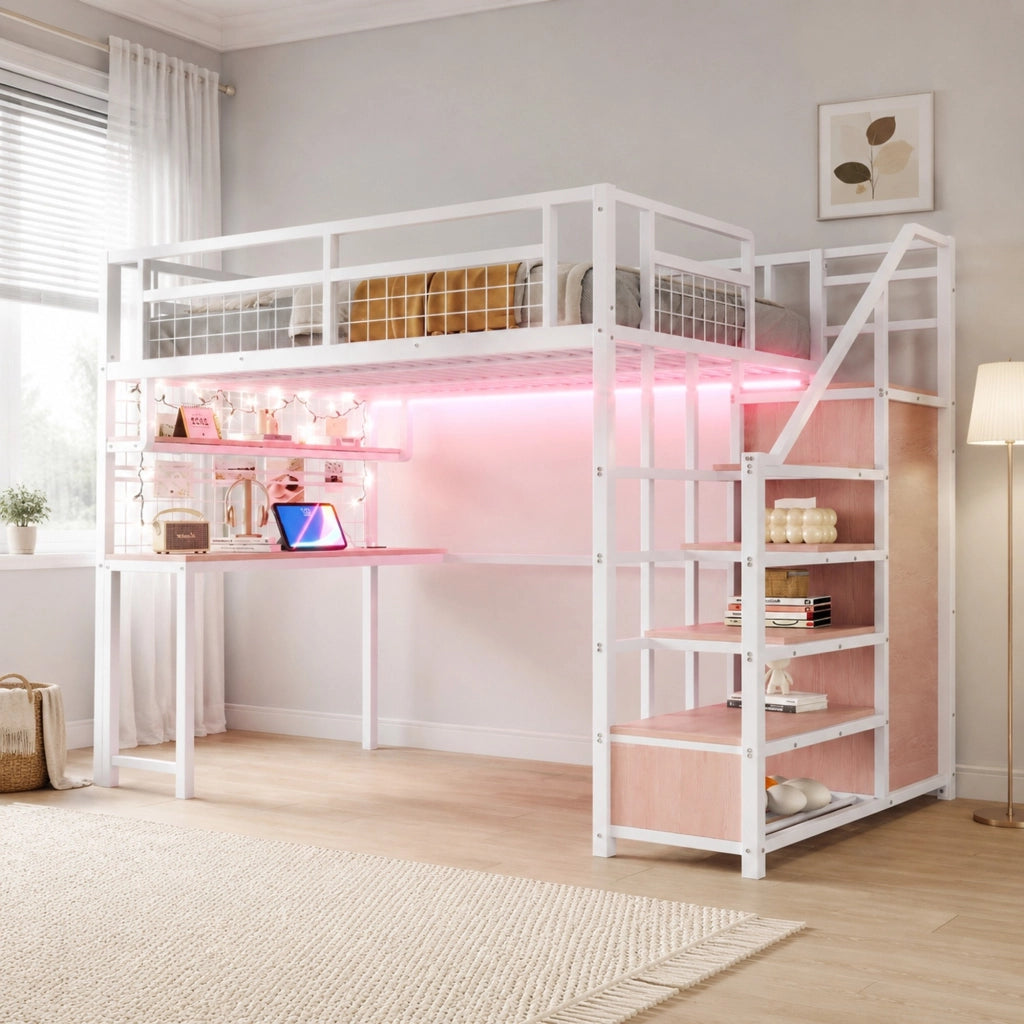 Letto a soppalco 140 × 200 cm in metallo bianco con scrivania scala contenitore armadio prese e luci integrate