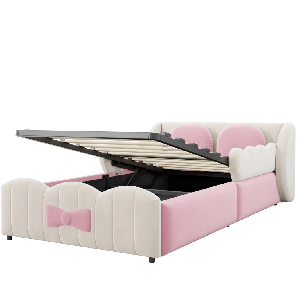 Letto singolo imbottito per bambini 90x200 cm in velluto con contenitore idraulico e due cuscini decorativi beige/rosa