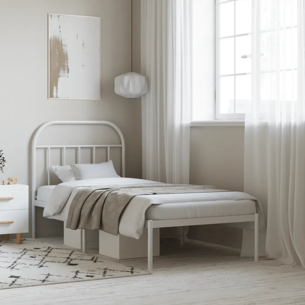 Letto singolo | Letto per adulti | Giroletto con Testiera Metallo Bianco 90x200 cm
