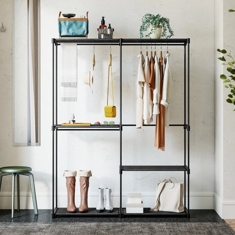 Appendiabiti Portatile in Metallo con Ripiani in Tessuto, Nero, 142x43x185 cm