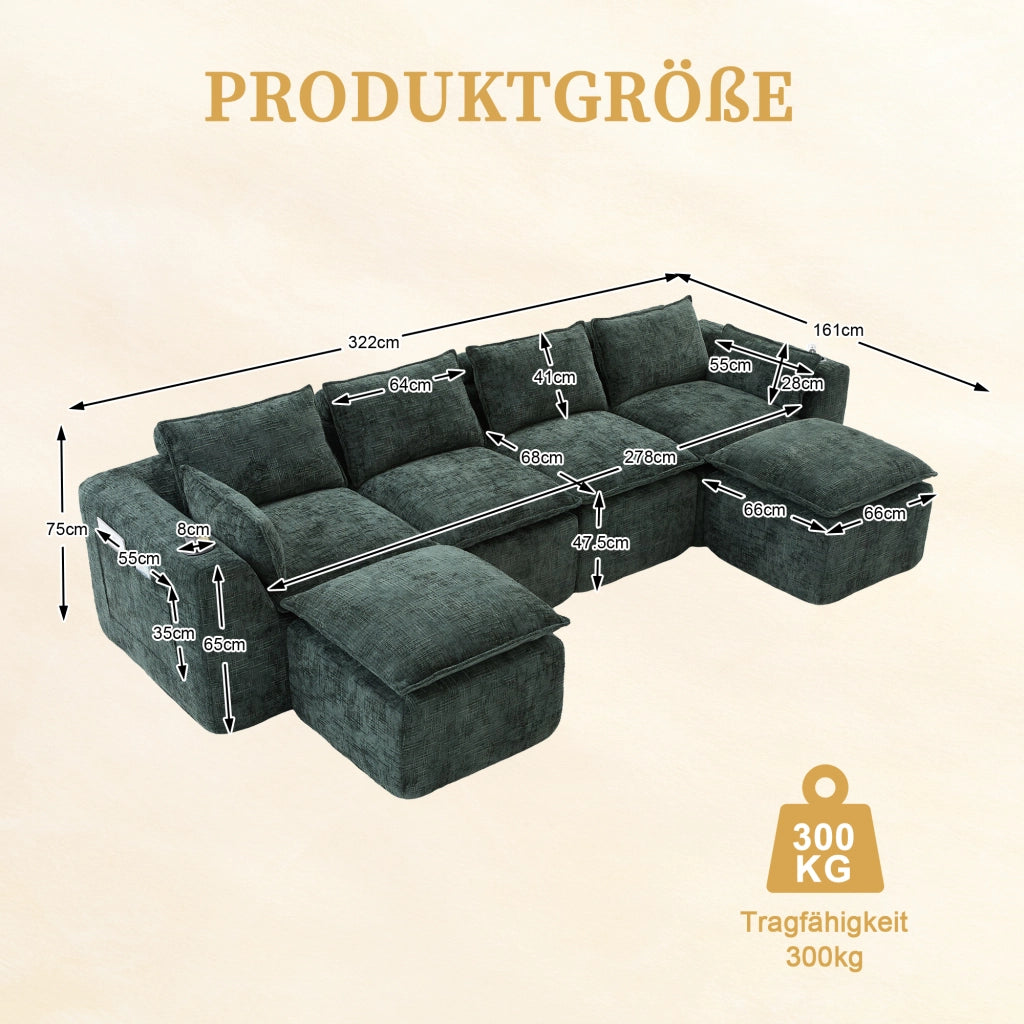 Divano modulare 322x161x75 cm combinabile con tasche laterali e cuscini in ciniglia verde