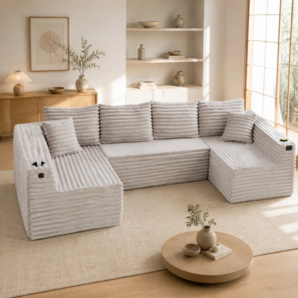Divano modulare a U in corduroy 320x155x88 cm; grigio chiaro; con portabicchieri e tasca laterale