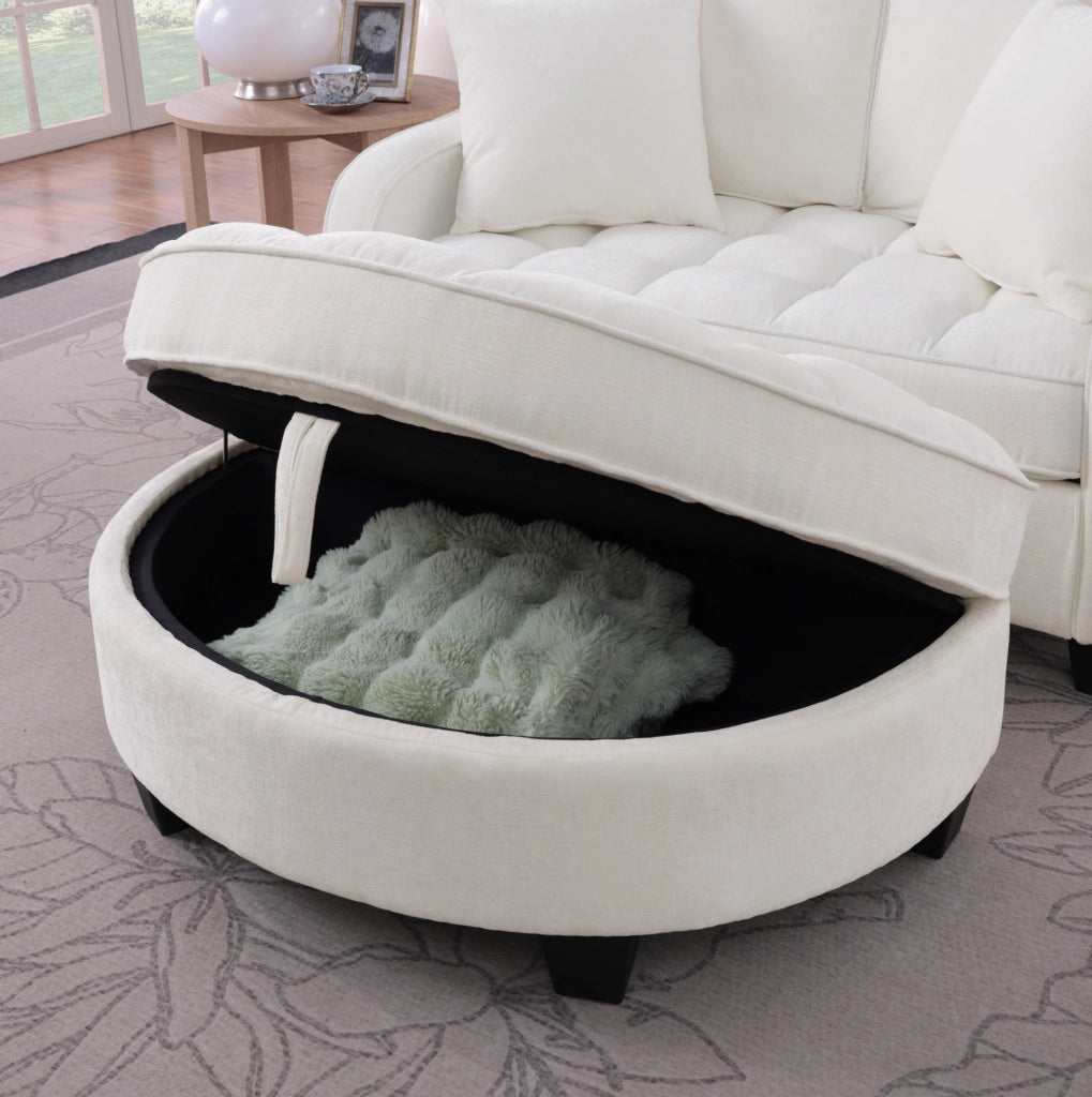 Divano letto 2 in 1 trasformabile con pouf contenitore 132x129x93 cm in eucalipto; beige