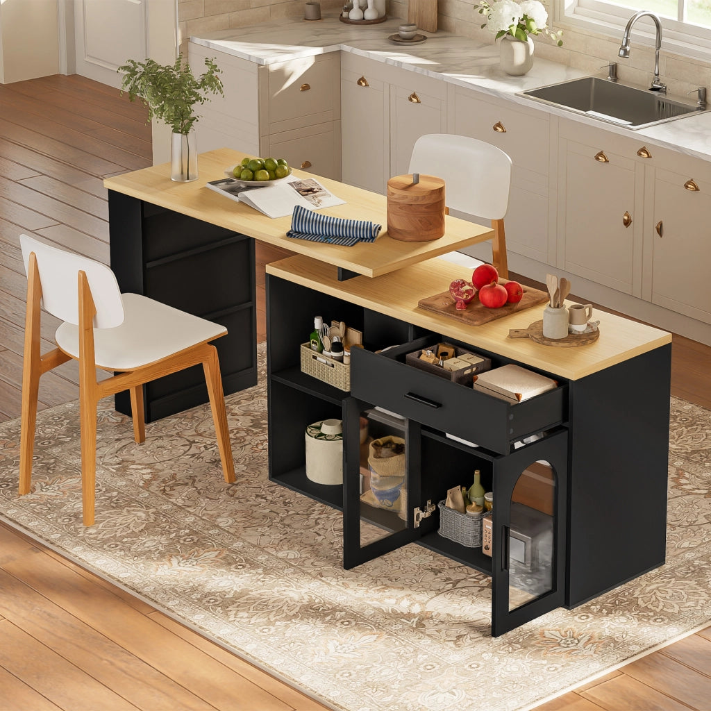 Mobile contenitore con piano girevole a 360° in MDF effetto legno, cassetto e ripiani, nero naturale 136 × 50 × 78 cm