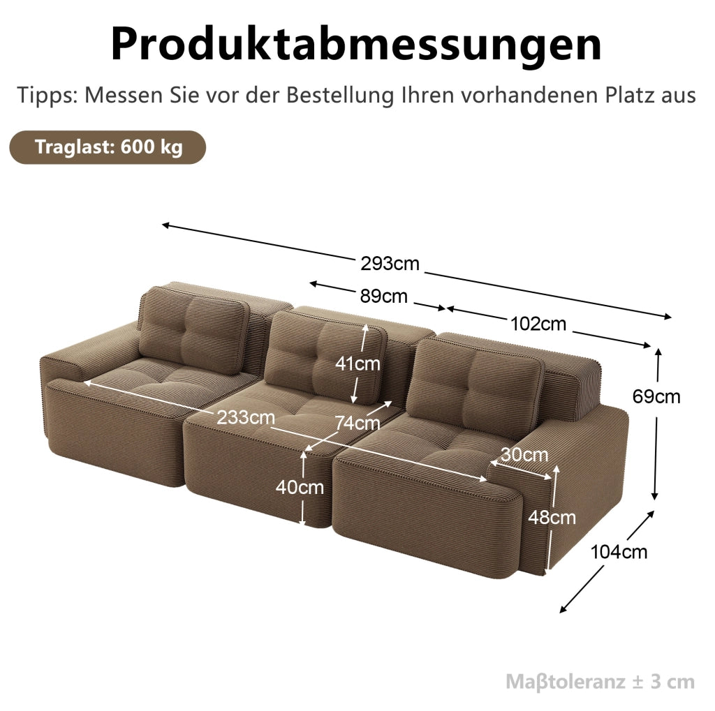Divano modulare Cloud senza gambe in tessuto a coste marrone, 3 posti con seduta profonda da 74 cm, design componibile