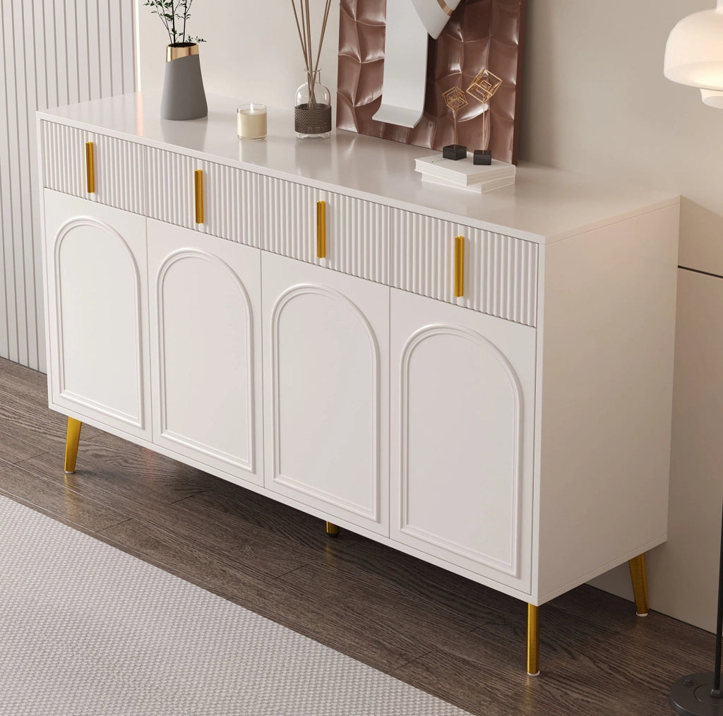 Credenza 140 cm con 4 ante; 4 cassetti e ripiani regolabili; MDF bianco con dettagli dorati