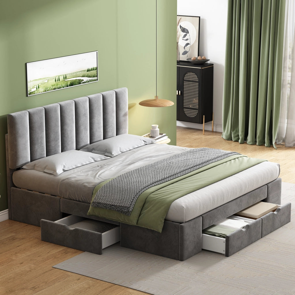 Letto con cassetti 160 × 200 cm con 4 cassetti su ruote testiera imbottita regolabile in velluto grigio