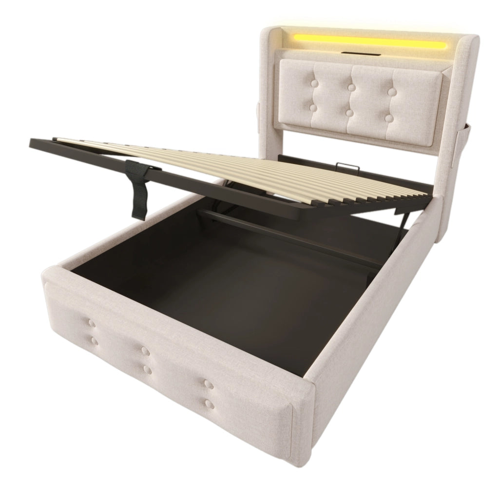 Letto imbottito 90x200 cm con contenitore; LED; prese USB e Type-C; beige