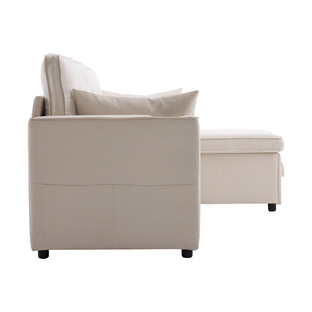 Divano letto 3 posti con chaise longue reversibile e contenitore in tessuto beige