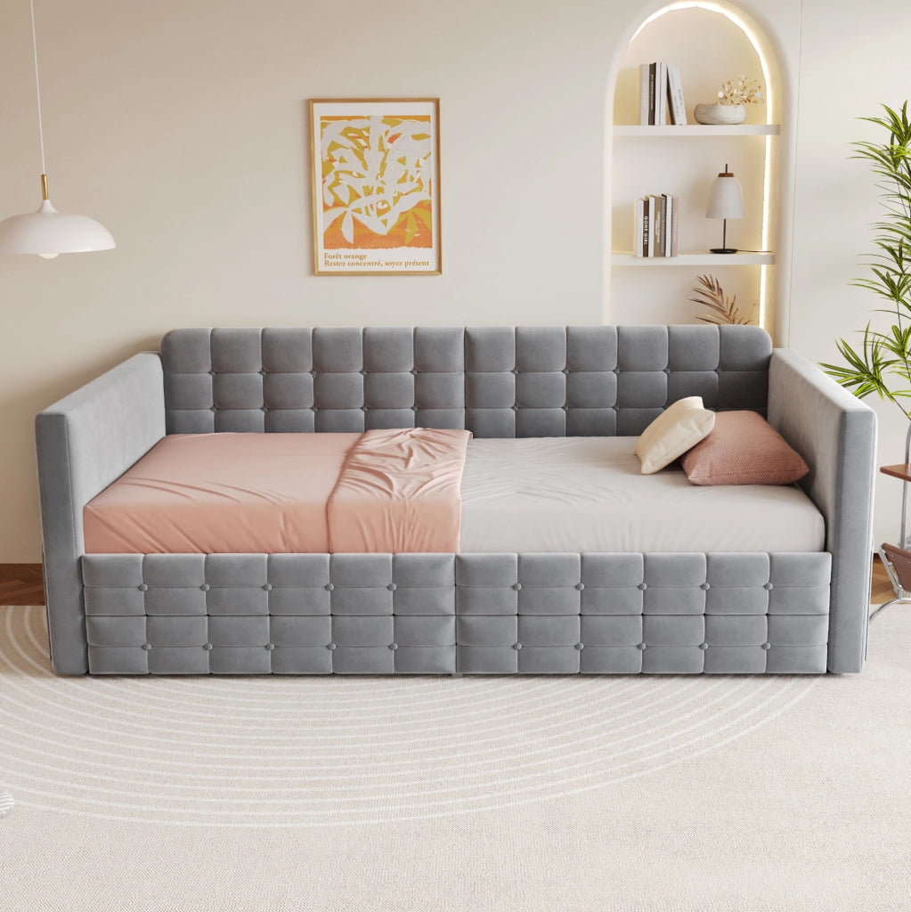 Letto imbottito 90x190 cm con 2 cassetti; tasche laterali e velluto grigio