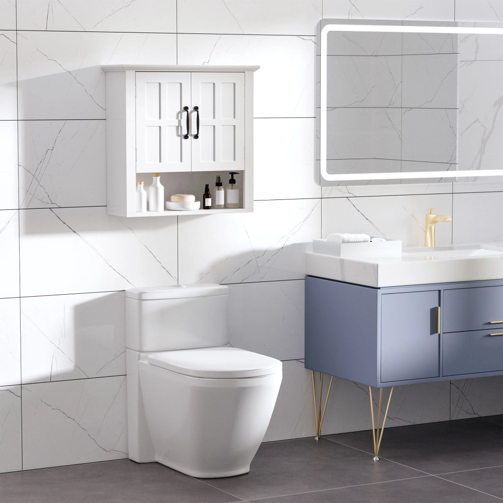 Mobiletto Pensile da Bagno Sospeso a Parete con 2 Ante Ripiani e Nicchia MDF Bianco Salvaspazio 60x20x58 cm