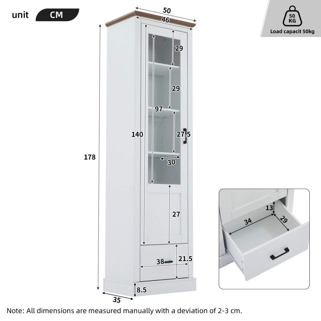 Vetrina Moderna LED Bianca Opaca 178 cm con USB, Mobile Espositivo in Truciolato e Vetro Temperato con Cassetto e 5 Ripiani