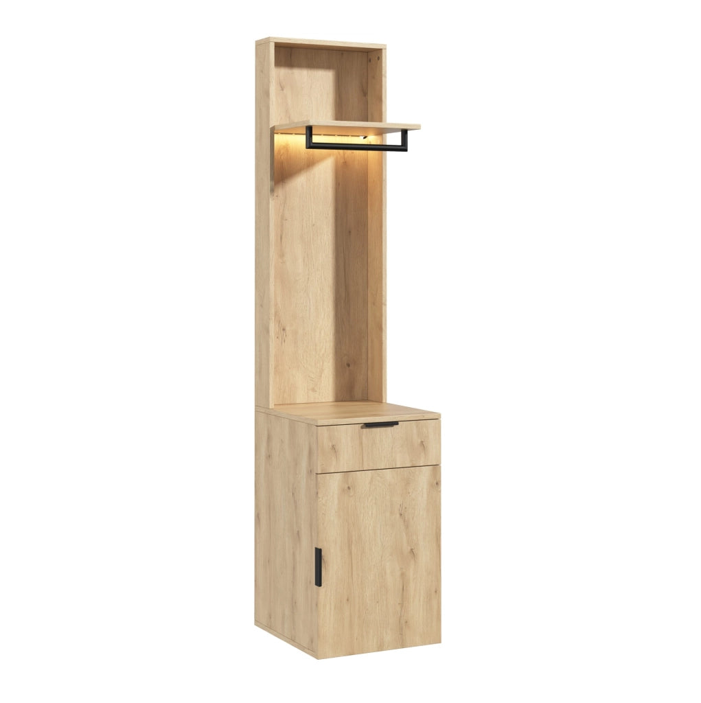 Set guardaroba con LED, appenderia, cassetto porta gioielli e 2 ripiani in MDF effetto quercia 45x47x200 cm per ingresso e soggiorno