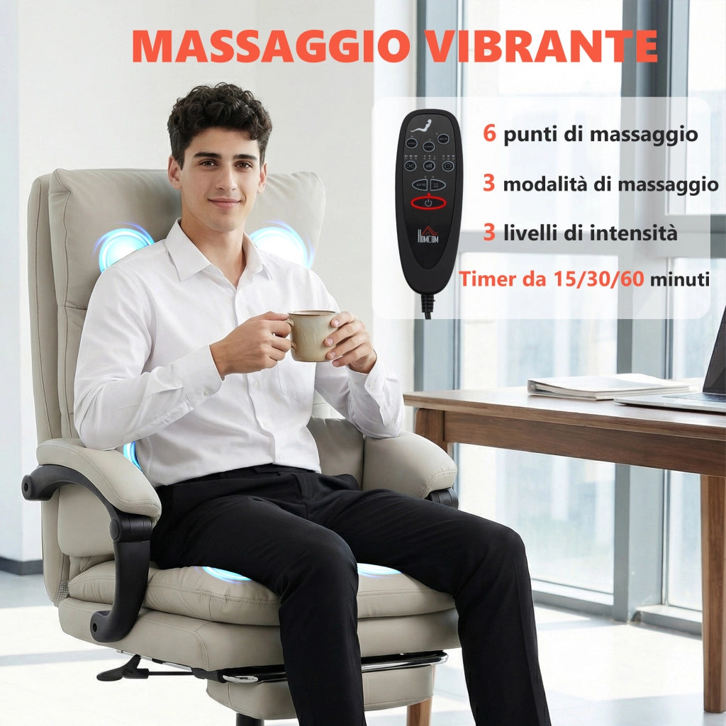 Sedia da ufficio massaggiante e riscaldata in pelle PU grigio chiaro, reclinabile a 135° con poggiapiedi ergonomica per casa e studio