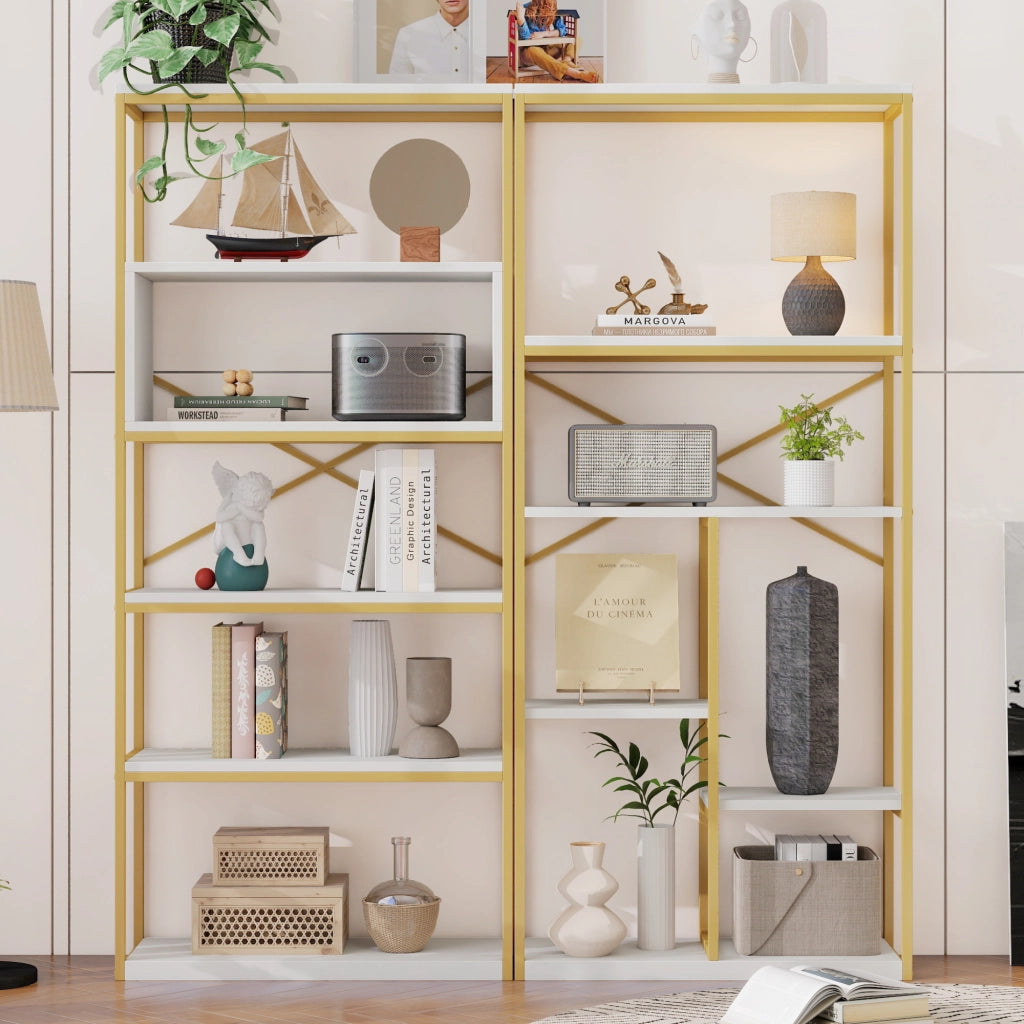 Scaffalatura a ripiani aperti con struttura in metallo e MDF bianco oro per soggiorno 160 × 29.5 × 180 cm