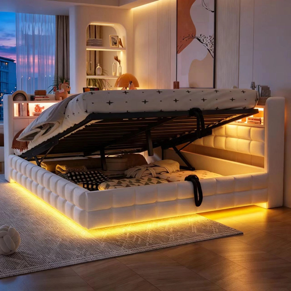Letto imbottito multifunzione 140 × 200 cm in velluto beige con contenitore idraulico LED e prese di ricarica