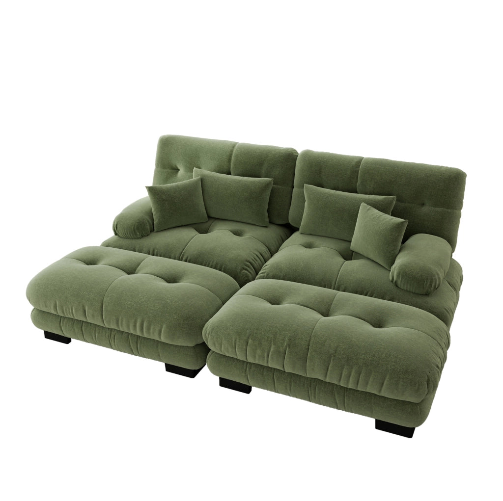 Divano angolare in chenille verde con 2 cuscini lombari, 2 cuscini decorativi e 2 pouf