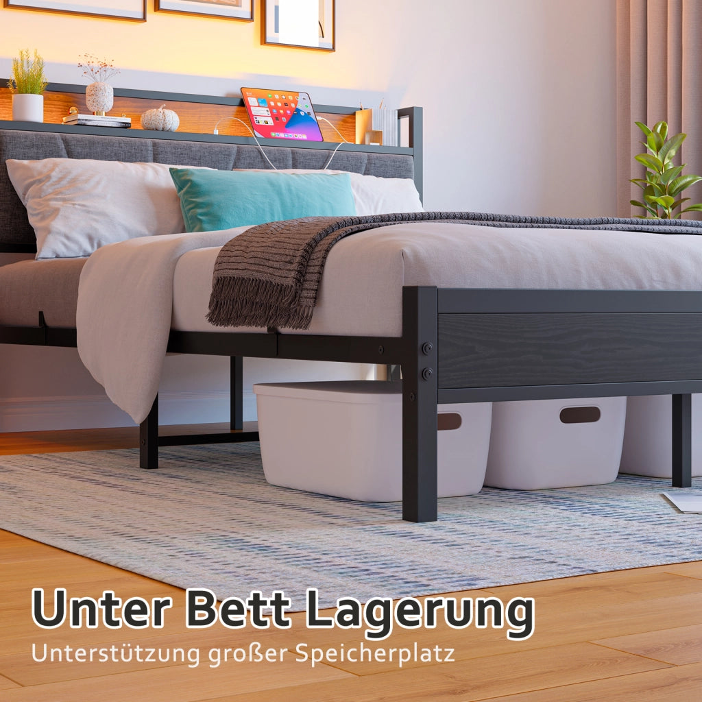 Letto matrimoniale a piattaforma 140 × 200 cm con LED testiera con vano MDF e metallo nero USB e presa