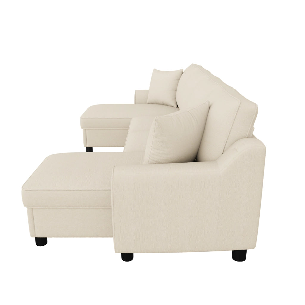 Divano modulare a U con contenitore e 2 cuscini - in chenille beige - 280 × 137 × 84 cm