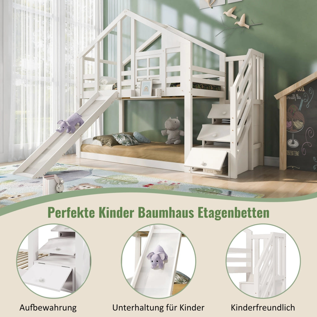 Letto a castello per bambini 90 × 200 cm con scivolo scale contenitore in legno e MDF bianco con rete a doghe