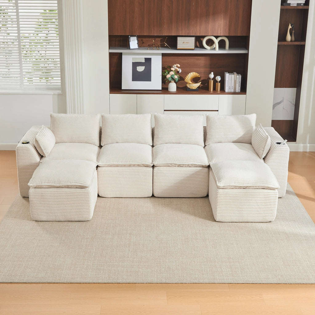 Divano 322x161x75 cm componibile con tasche laterali in velluto a coste beige
