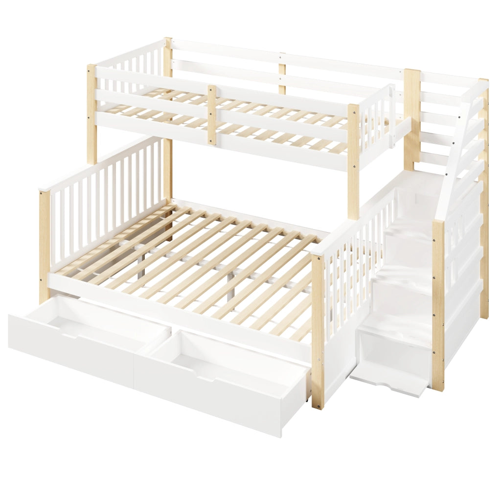 Letto a castello 90×200 cm e 140×200 cm con cassetti; contenitore e scala; senza materasso; bianco e naturale