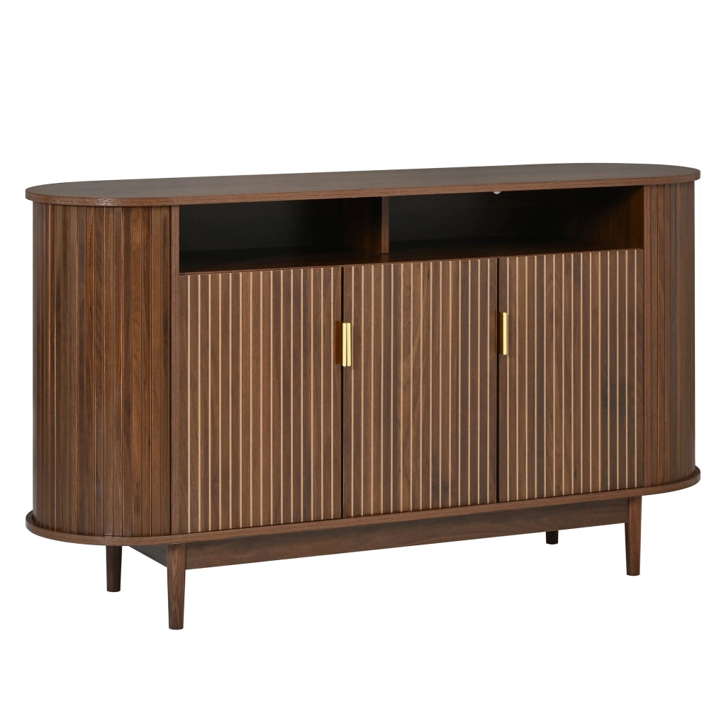 Credenza a 3 ante con frontale a righe verticali; corpo in MDF e PB; piedi in pino; color noce; 140 × 40 × 78 cm