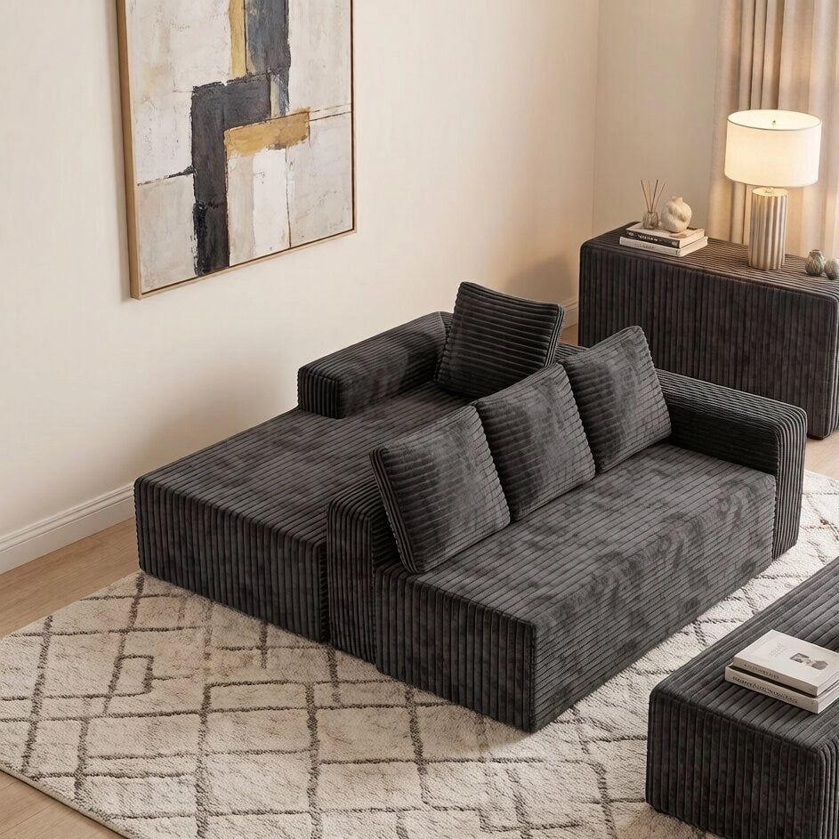 Divano modulare a L con chaise longue configurabile in velluto a coste grigio seduta profonda senza montaggio
