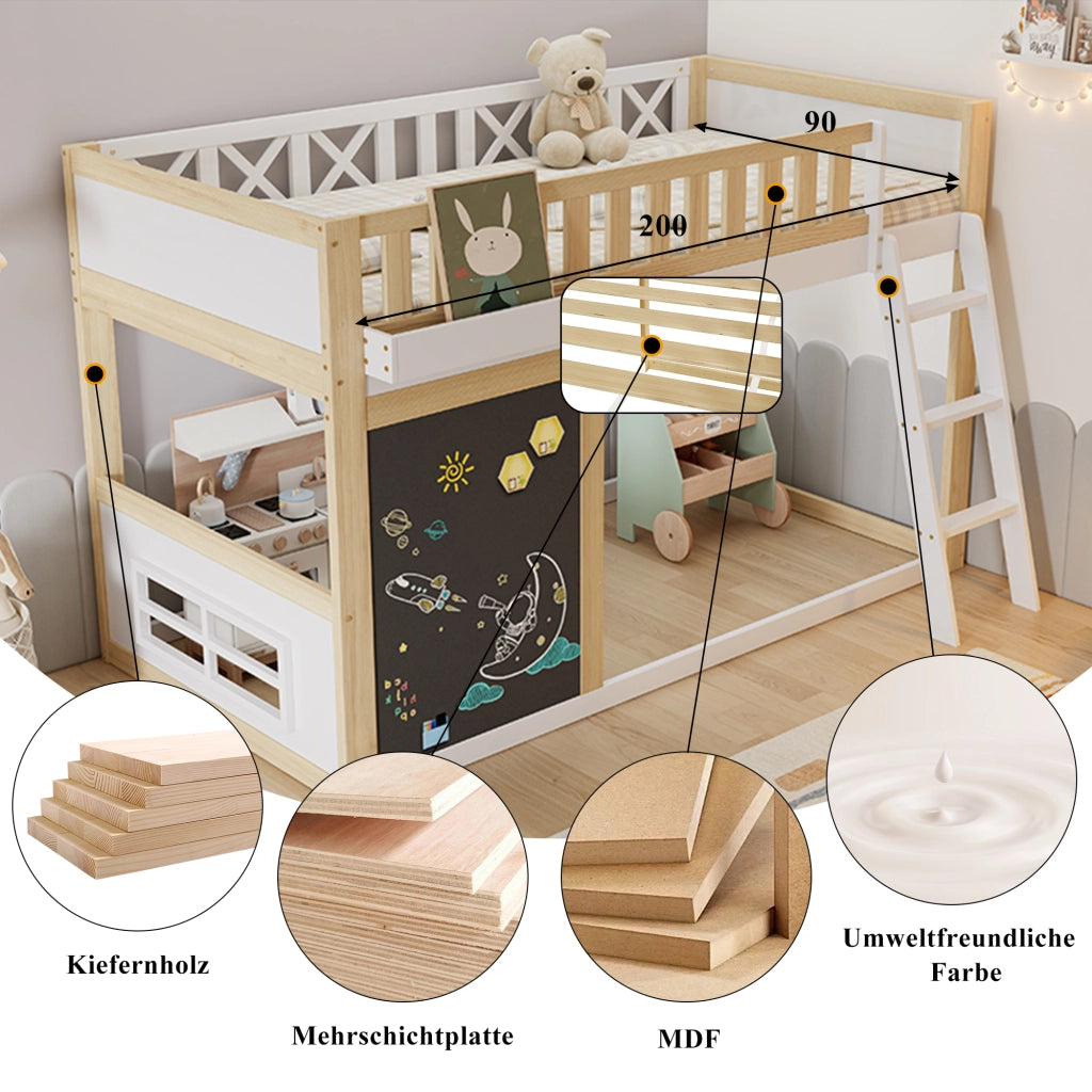 Letto a soppalco 90 × 200 cm con lavagna contenitore e scala inclinata in legno e MDF bianco naturale
