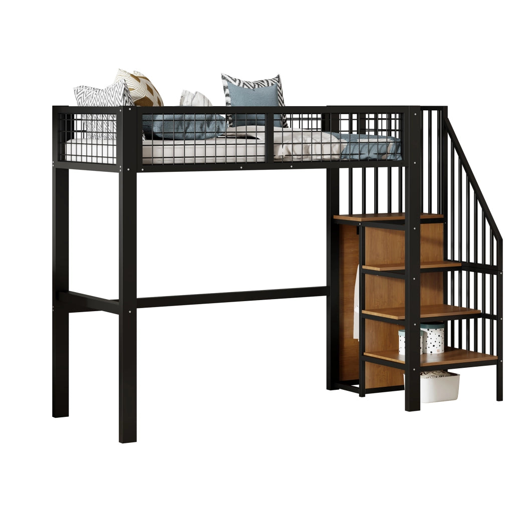 Letto alto bimbi 90x200 in metallo nero con vano contenitore, senza materasso