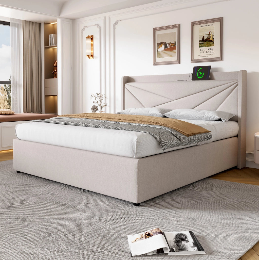 Letto matrimoniale 140x200 con contenitore, testiera con USB e Type-C