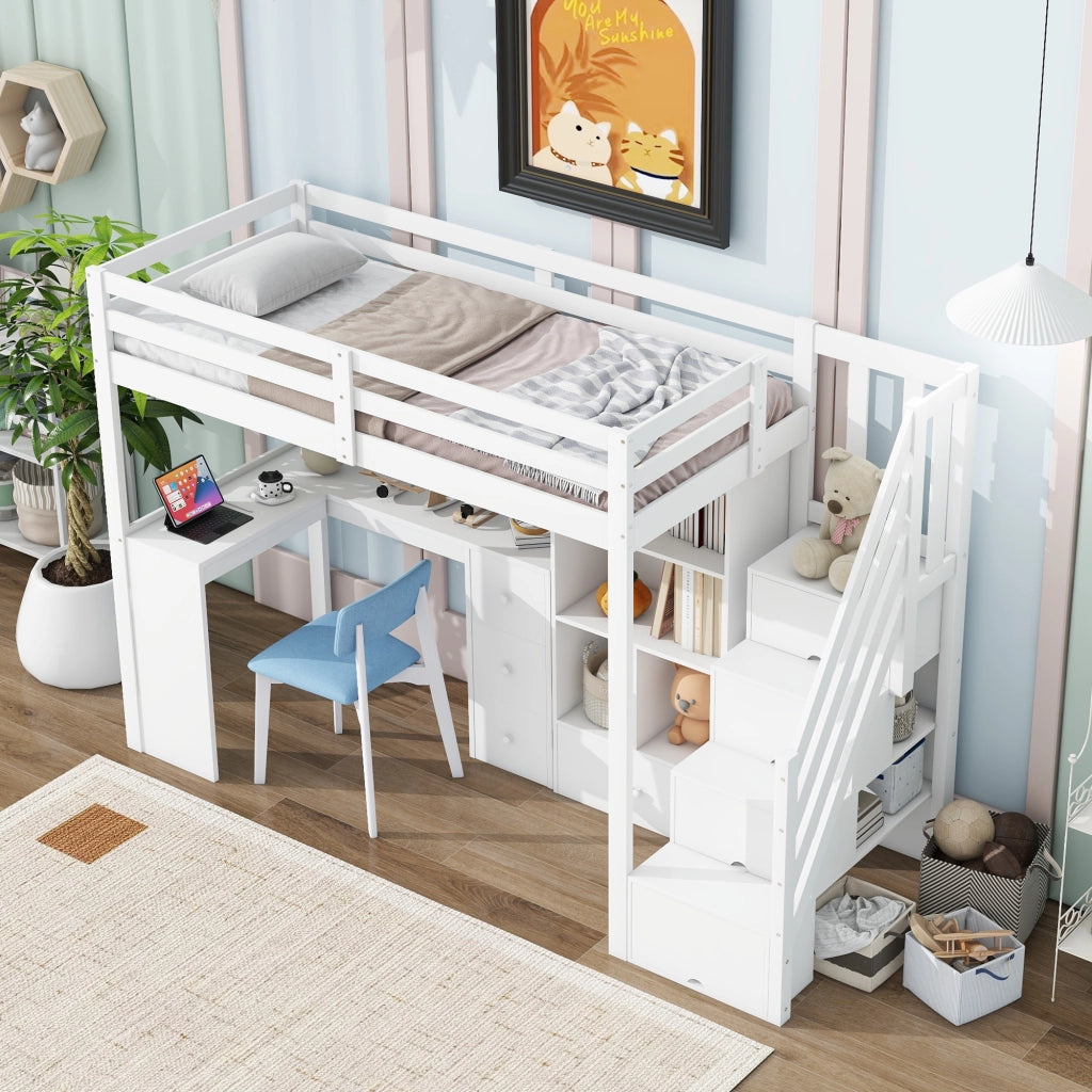 Letto a soppalco per bambini 90x200 cm con scrivania; cassetti e scaffali; bianco