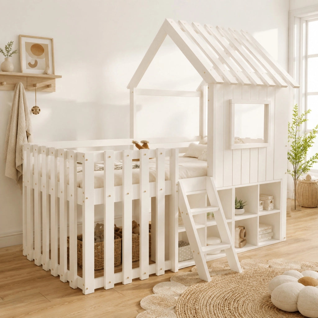 Letto a soppalco per bambini 90x200 cm con tetto e vani mobili in pino bianco