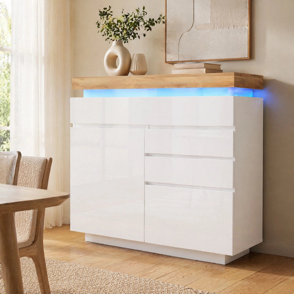 Mobile contenitore 115x110 cm bianco lucido con LED e cassetti HOMVRA