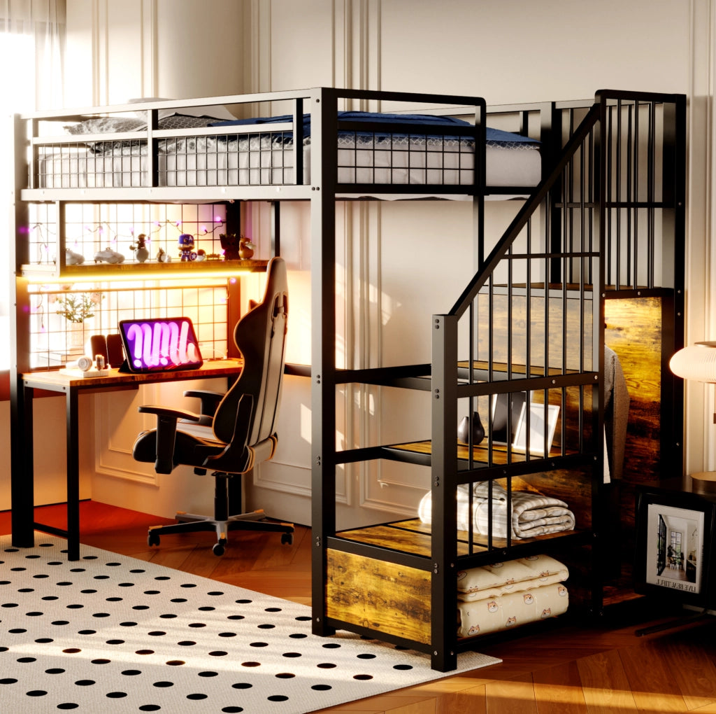 Letto a soppalco 90x200 cm con scrivania LED; prese e scala contenitore nero