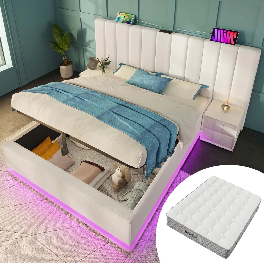 Letto 180x200 cm con contenitore, LED, USB e USB-C in PU bianco con materasso