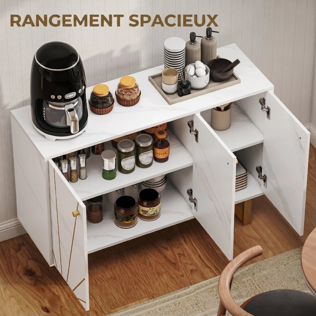 Meuble de rangement buffet salon avec 2 placards 3 portes et étagère réglable, pieds en métal, aspect marbre blanc