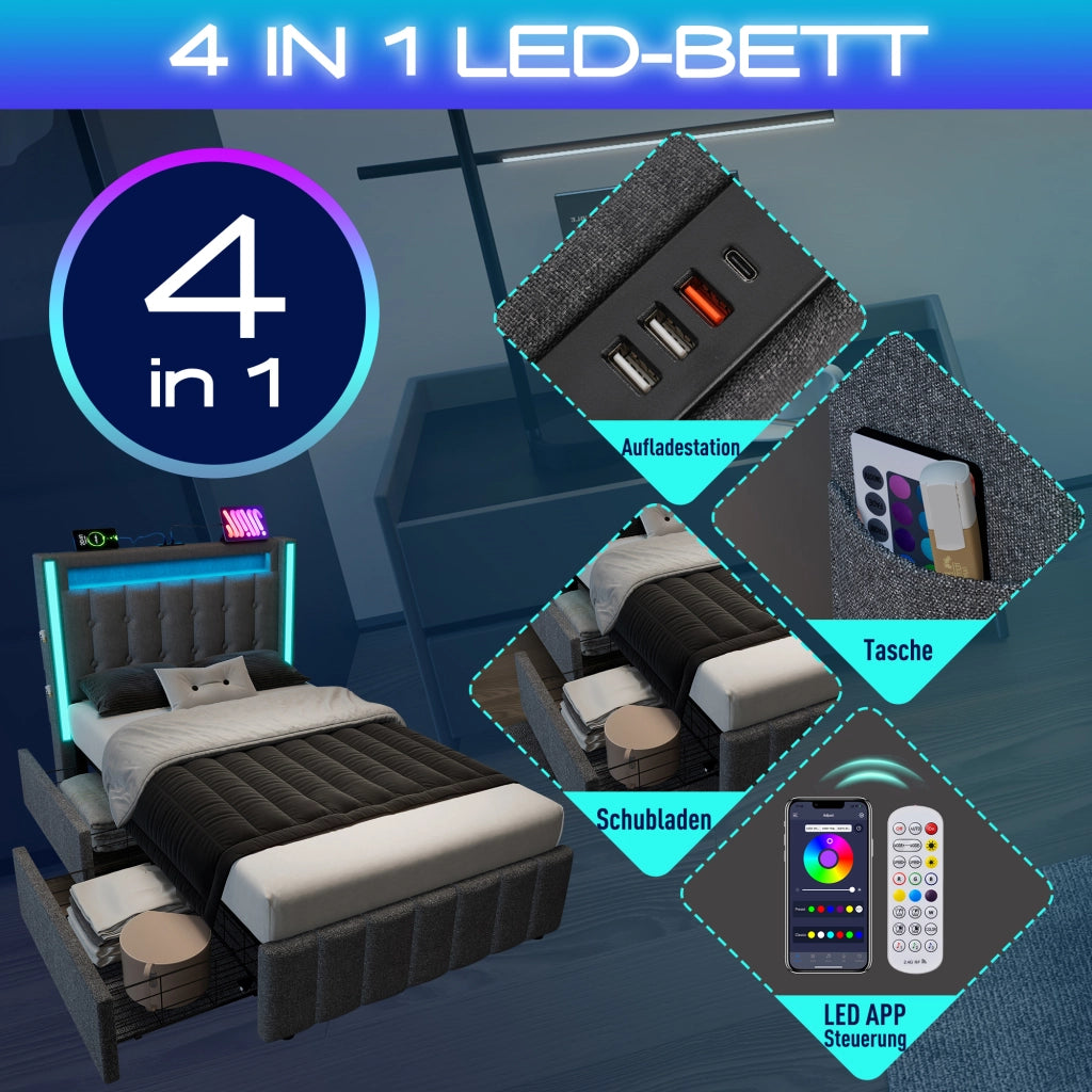 Letto con cassetti 90 × 200 cm con LED; USB e Type-C; testiera con tasche; rete a doghe; lino grigio