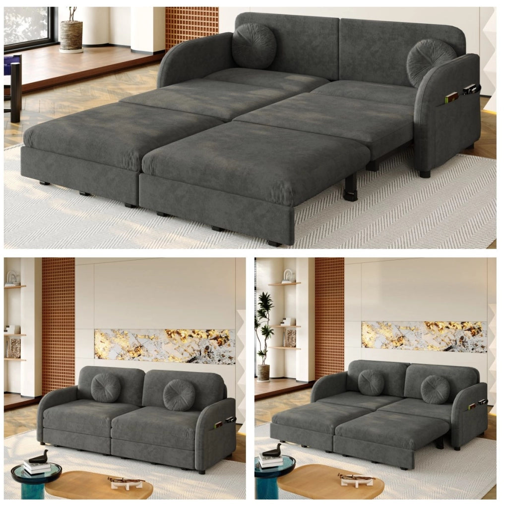Divano letto estraibile 3-in-1 queen size 166 cm in chenille grigio con cuscini e tasche contenitive laterali